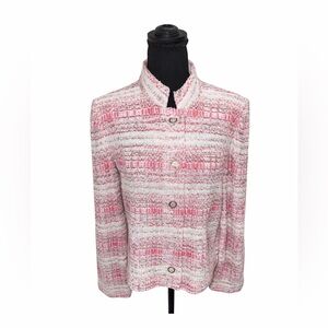 St John Tweed Knit Jacket Coral‎ Pink Boucle Luxury Wool Blend Blazer Size 14
